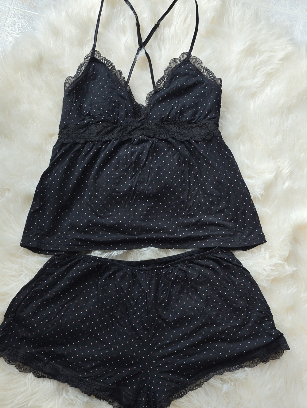 Heavenly By Victoria's Secret Black Polka Dot Lace-Trim Cami & Shorts Set SIZE S